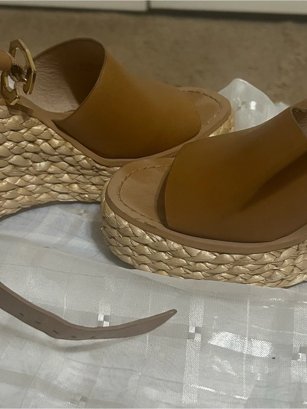 Louise et Cie Tan Leather Espadrille Wedge Sandals with Gold Hardware